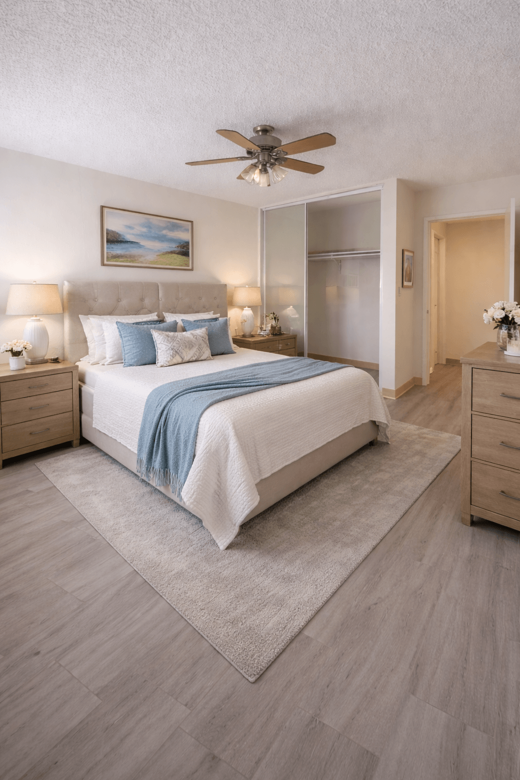 A bedroom with a bed, dresser, and ceiling fan.